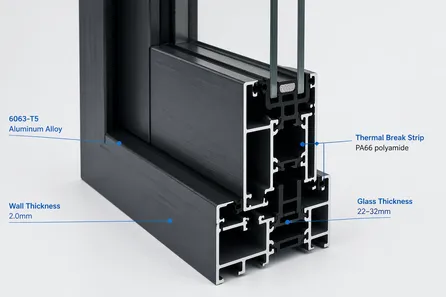 6063-T5 aluminum door profile cross-section showing wall thickness and thermal break strip detail