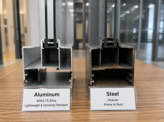Aluminum commercial door profile comparison — lightweight 6063-T5 alloy frame versus steel, showing weight-to-strength advantage