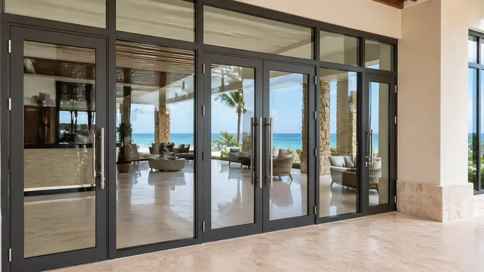 Aluminum commercial doors at hotel resort lobby entrance in coastal tropical market