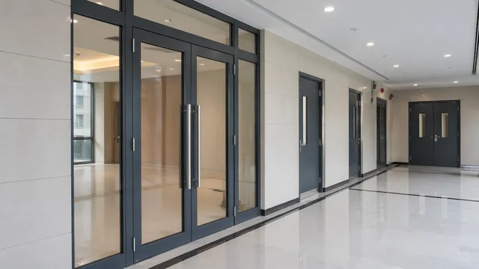 Aluminum commercial doors in mid-rise office building lobby and corridor