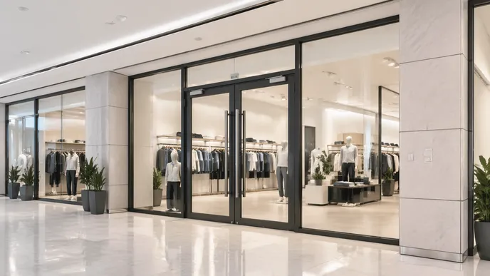Aluminum commercial doors installed in retail shopping center storefront fit-out