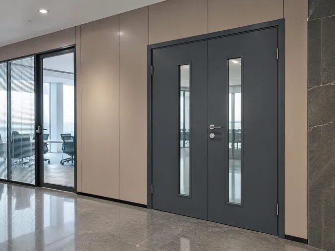 Architectural commercial door with custom powder coat finish installed in a corporate lobby