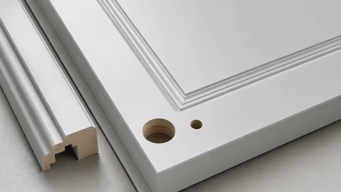 Close-up of architectural door profile, panel embossing, and hardware prep detail