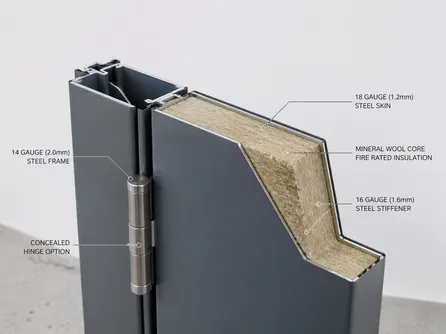 Architectural commercial door cross-section showing steel gauge, core fill, and frame construction