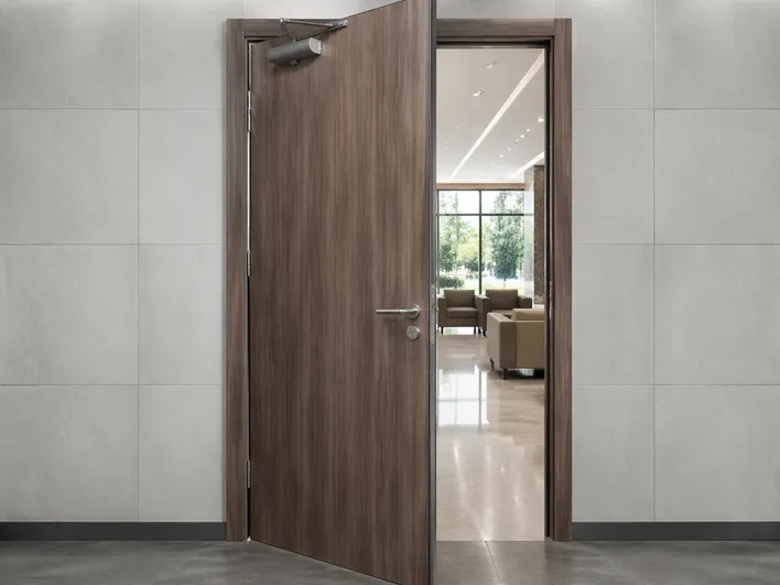 Combined-performance architectural door assembly for mixed-use development showing fire-rated acoustic finish