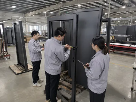 Quality control inspection of architectural commercial door panels at EUWOO factory