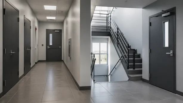Commercial office building stairwell and service corridor with steel doors