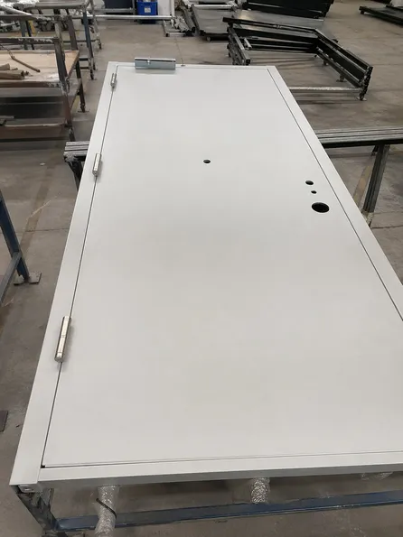 EUWOO commercial steel door specification detail — powder coat finish and hardware pre-installation