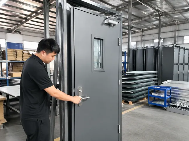 QC technician cycling hardware on commercial steel door before packing