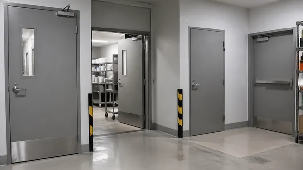 Hotel service corridor and back-of-house area with commercial steel doors