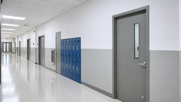 Institutional corridor in school or hospital with commercial steel doors