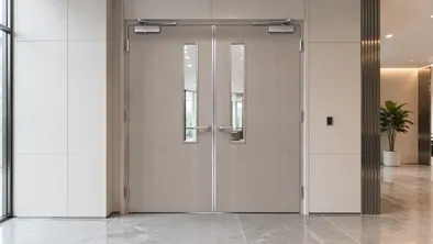 Double commercial doors in office building lobby entrance