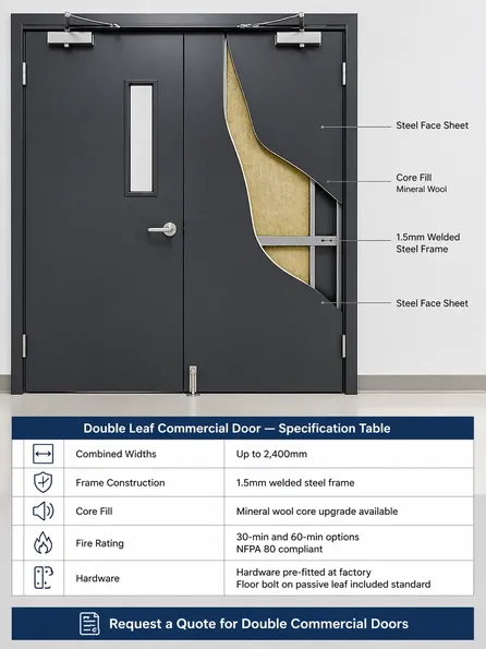 Double commercial door cross-section showing steel face sheet, core fill, and frame construction