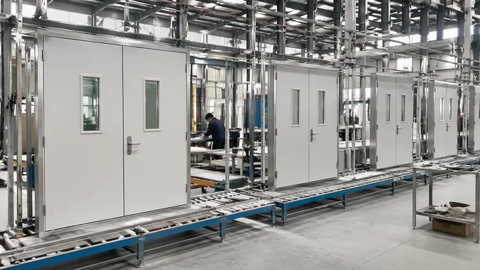 EUWOO factory floor showing double commercial door production line