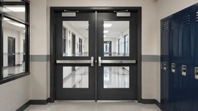Double commercial doors at institutional building entrance — school corridor