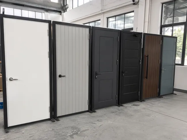 EUWOO exterior commercial door customization options including panel profiles, finishes, and hardware configurations