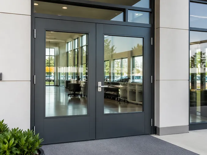 Exterior commercial steel door installed at a high-traffic commercial building entrance