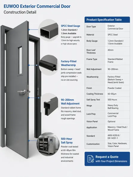 EUWOO exterior commercial door construction detail — SPCC steel gauge, weatherstrip, and frame profile
