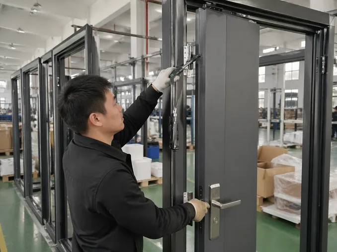 EUWOO exterior commercial door frame and hardware pre-installation at factory showing hinge torque and lockset alignment