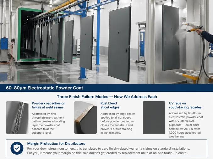 Steel door powder coat process showing zinc phosphate pre-treatment and electrostatic application