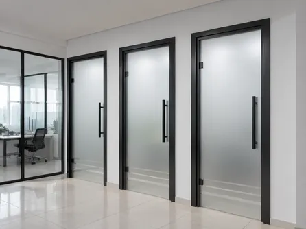 Frosted glass commercial door — acid-etched tempered glass in steel frame for privacy