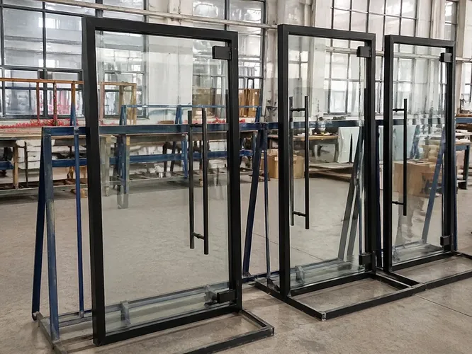 Steel-framed glass commercial door — full glass configuration, factory production