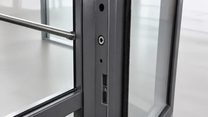 Steel frame detail on glass commercial door showing hardware mounting points and glazing bead