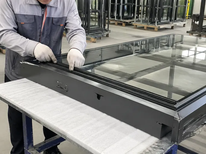 Glass integration production process — EPDM gasket installation and silicone bead application on steel-framed commercial door