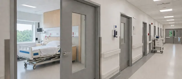 Vision panel glass commercial door in healthcare facility — patient room and corridor door with line-of-sight panel