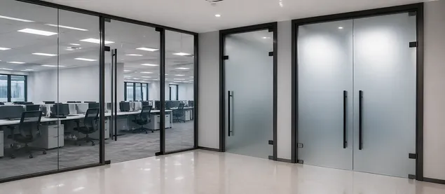 Glass commercial doors installed in office fit-out — full glass and frosted configurations for commercial tenancy