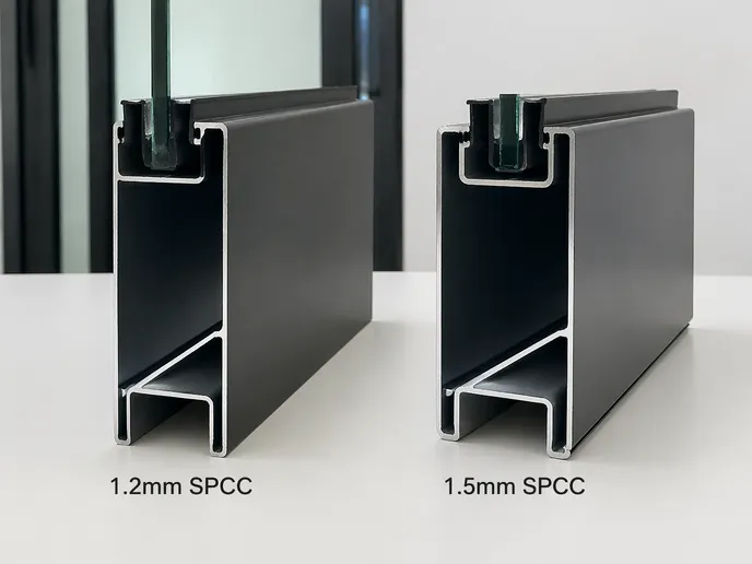 Steel frame gauge cross-section detail for glass commercial door — 1.2mm and 1.5mm SPCC cold-rolled comparison