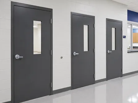 Commercial door with vision panel — steel door leaf with glazed lite for line-of-sight