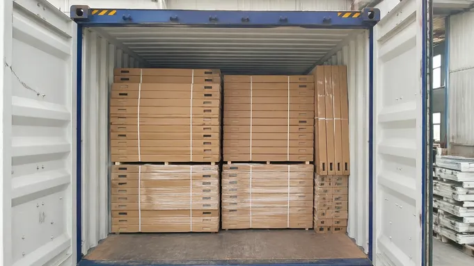 Heavy duty commercial doors loaded in flat-pack KD configuration inside a 40HQ shipping container