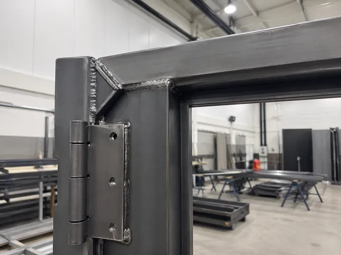 Heavy duty commercial door frame construction showing welded corner gussets and reinforced hinge plate