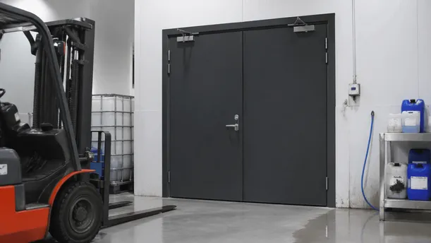 Heavy duty steel door in manufacturing plant with forklift proximity and chemical exposure