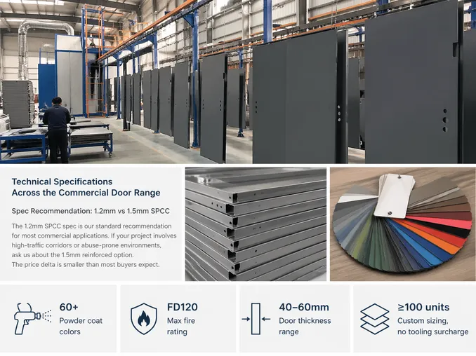 EUWOO commercial door production line showing steel fabrication and powder coating