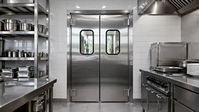 Stainless steel commercial doors in a commercial kitchen food service environment