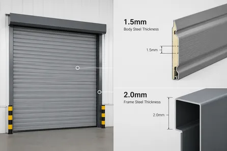 Industrial door steel gauge comparison — 1.5mm body and 2.0mm frame construction detail