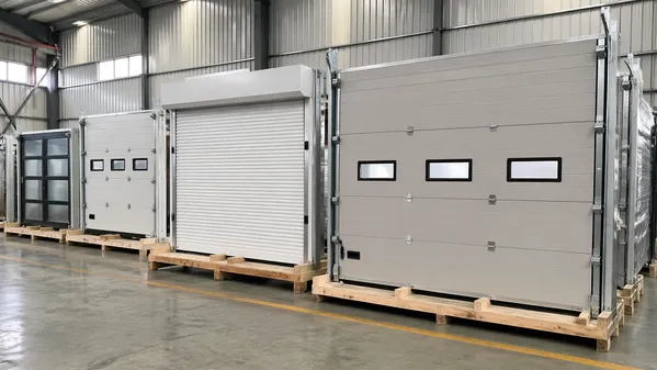 EUWOO factory floor showing industrial door sample units ready for export