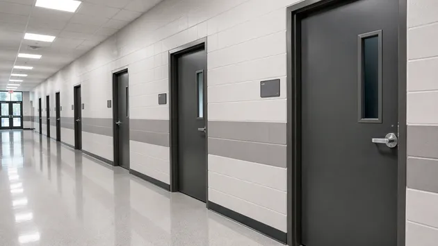Interior commercial doors in school or university building corridor