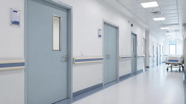 Interior commercial doors in hospital corridor healthcare application