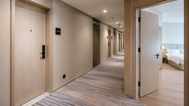 Interior commercial doors in hotel corridor and guest room application