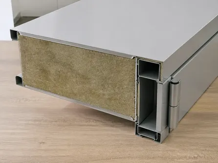 Interior commercial door cross-section showing mineral wool acoustic core and SPCC steel body construction