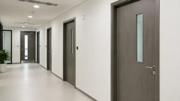 Interior commercial doors installed in office fit-out corridor