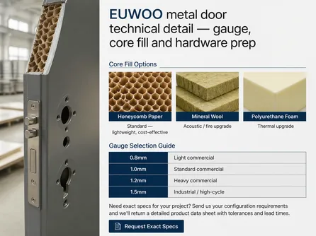 EUWOO metal door technical detail — gauge, core fill and hardware prep