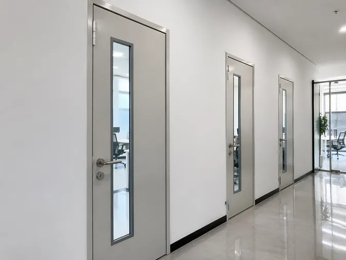 EUWOO office commercial door — flush steel profile with vision panel, corporate corridor installation