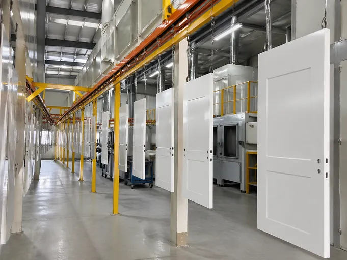 Automated electrostatic powder coating line for office commercial doors
