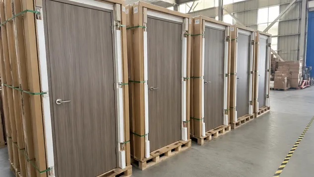 Pre-hung office door assembly ready for export shipping
