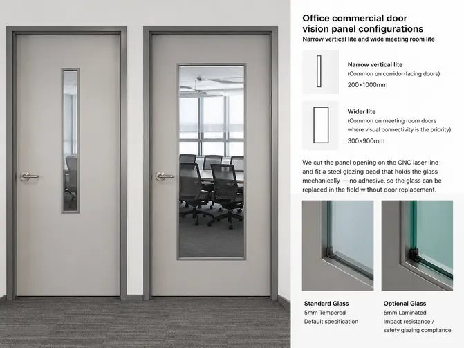 Office commercial door vision panel configurations — narrow vertical lite and wide meeting room lite