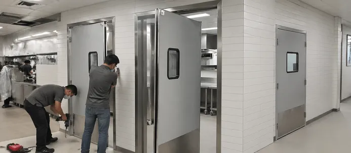 Commercial kitchen fit-out contractor installing restaurant doors in chain restaurant build-out